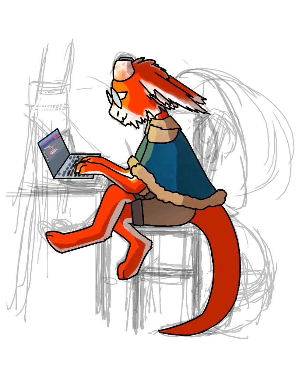 I frankly find it quite difficult to describe this to you. There is a traffic cone coloured kobold coding away in his laptop. Except table, chair and hat are not fully drawn yet, they're still in sketch form, and quite the messy one. Between you and me, I left it like that because I HATE drawing furniture. Hope your internet recovers if this isn't loading. Anyways, :3